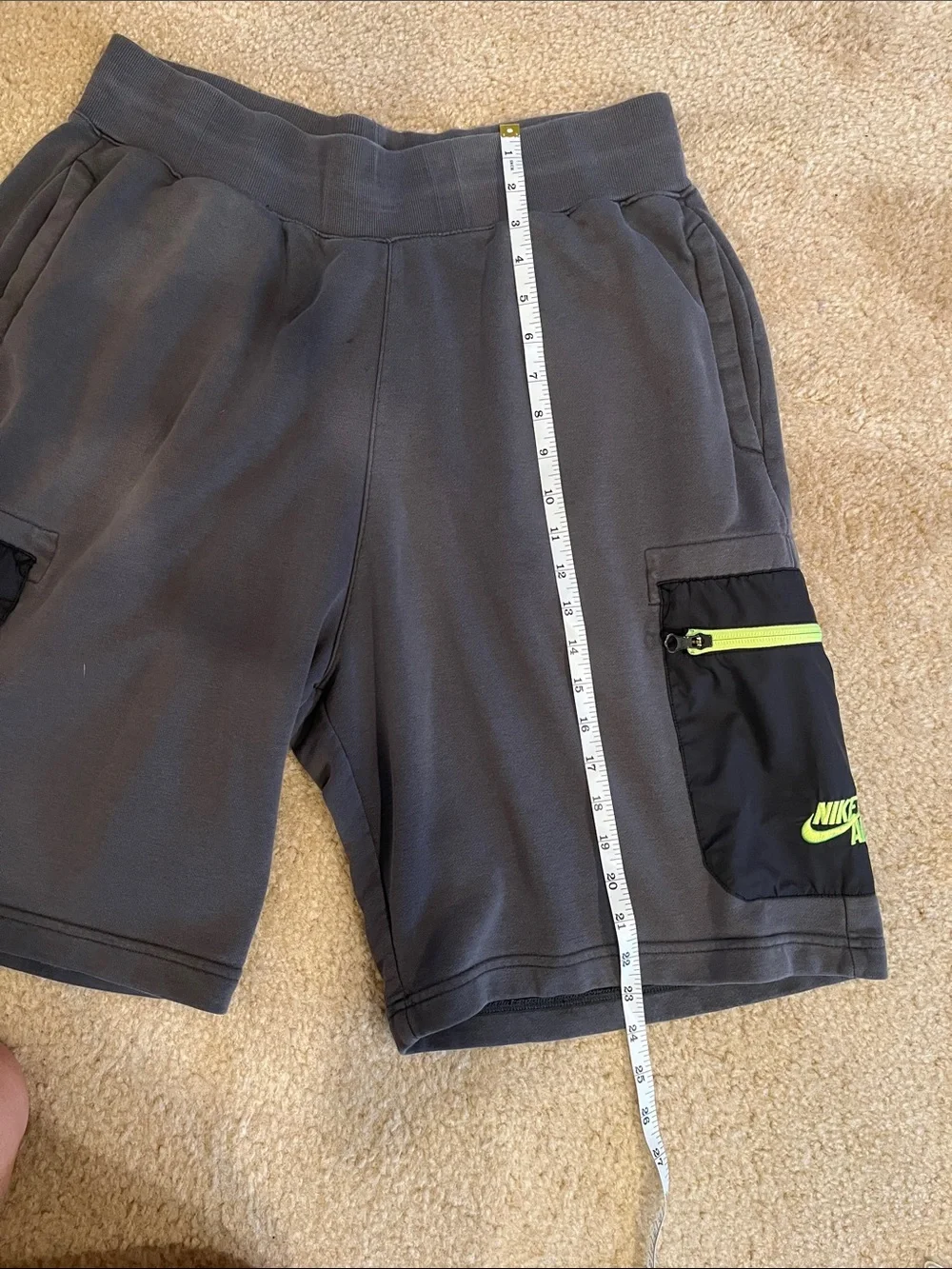 Nike Men's Gray Athletic‎ Shorts with Black Cargo Pockets and Neon Yellow Accent